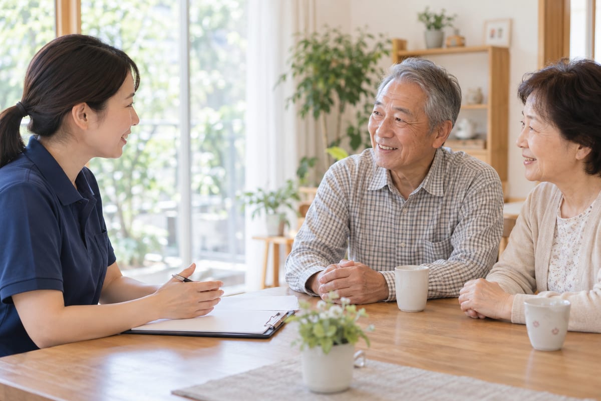 住宅のリビングで、高齢のご夫婦に訪問介護の説明をするスタッフのイメージ