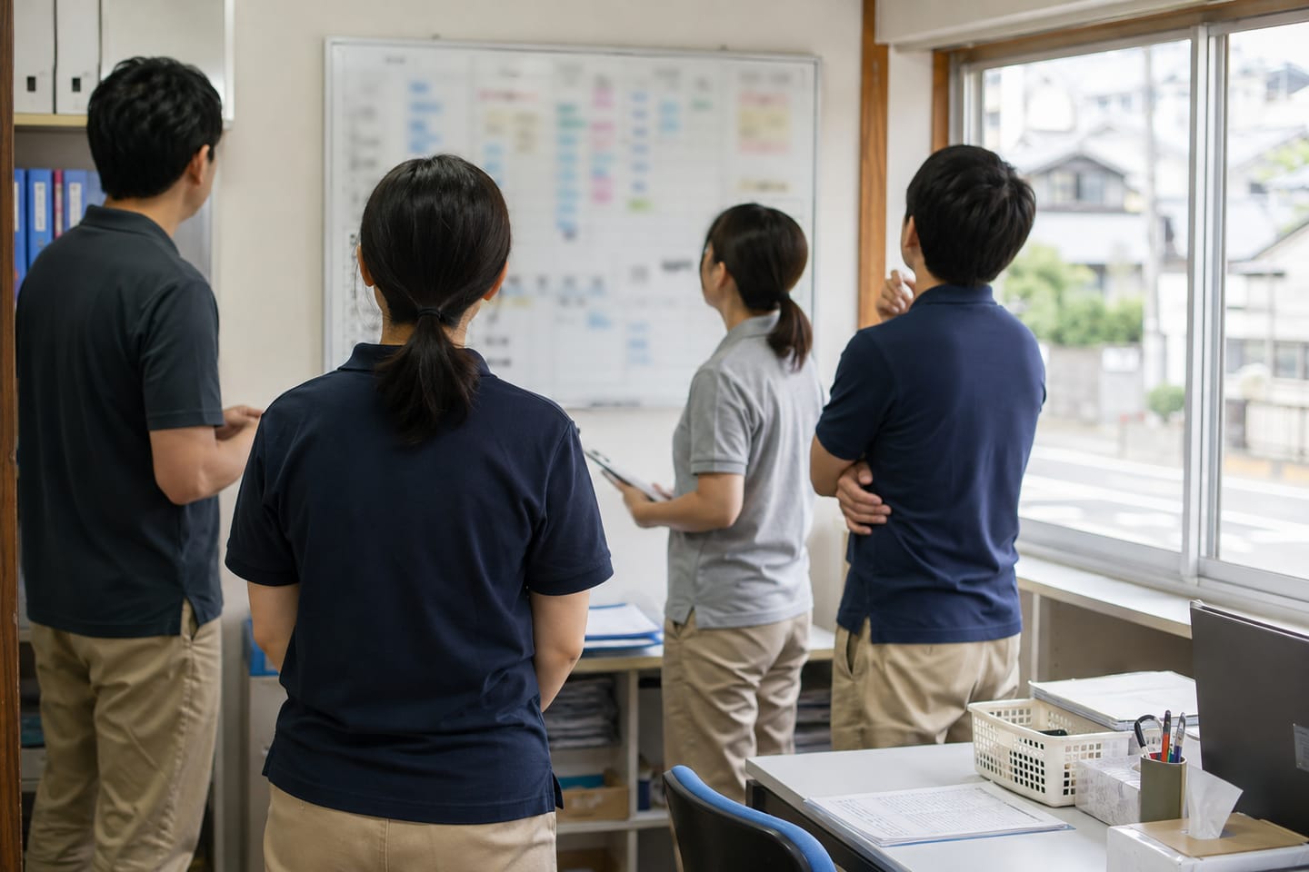 訪問介護の事業所で朝の打ち合わせをするスタッフ