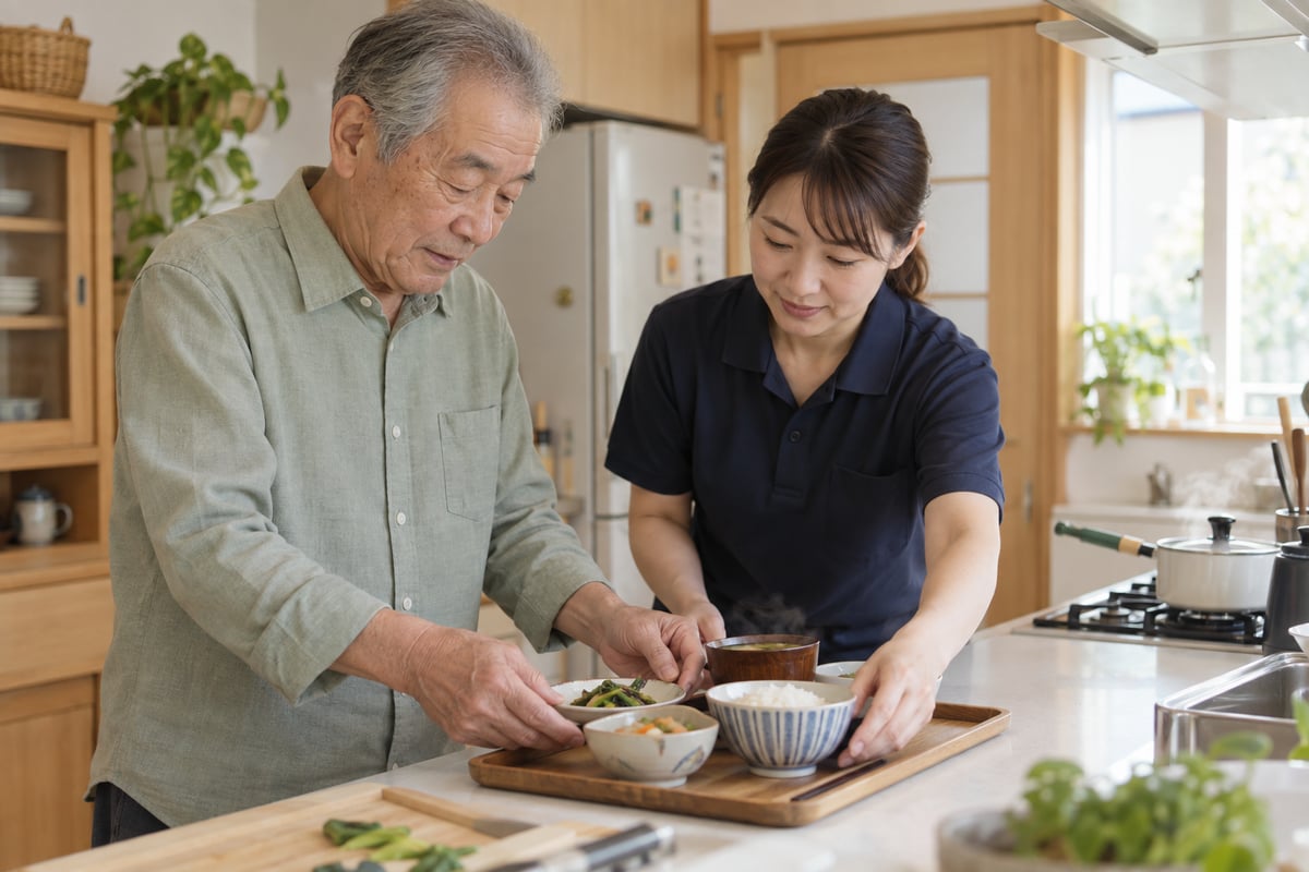 自宅で利用者様と一緒に食事を準備する訪問介護スタッフのイメージ